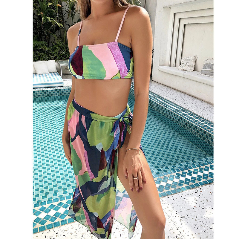 2021ins Korean Version Of The New Small Fresh Gradient Gauze Skirt Slimming Swimsuit Three-piece European And American Sexy Tube Top Swimsuit