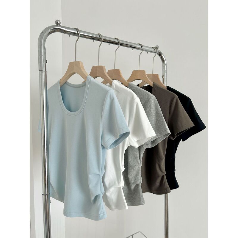 Minimalist U-shaped Pleated Tight Waist Skinny T-shirt Summer Simple Slimming Solid Color All-match Breathable Short-sleeve 1332