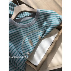 ZZ显年轻，ZZ轻松时髦，纯羊毛手工钉珠笑脸圆领条纹针织衫051