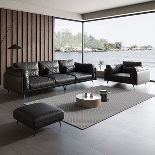 Italian Leather Sofa Small Apartment Minimalist Modern Retro Black Top Layer Cowhide Three-Seat Down Leather Sofa