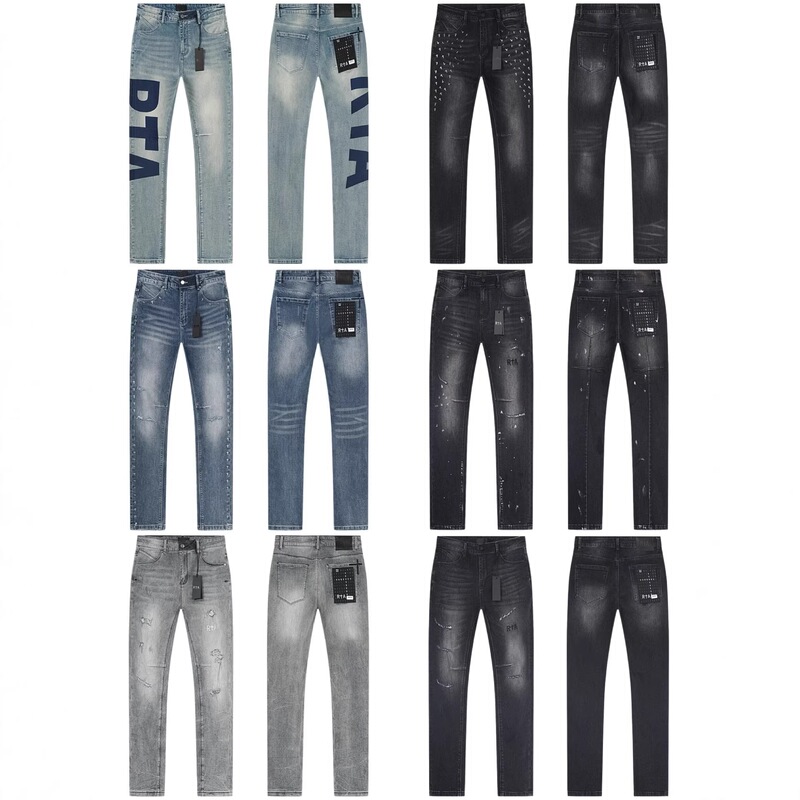Cross-border trendy brand RTA R+A washed distressed ripped embroidered letter heavy-duty slim-fit jeans for men and women Cross-border trendy brand RTA R+A washed distressed ripped embroidered letter heavy-duty slim-fit jeans for men and women