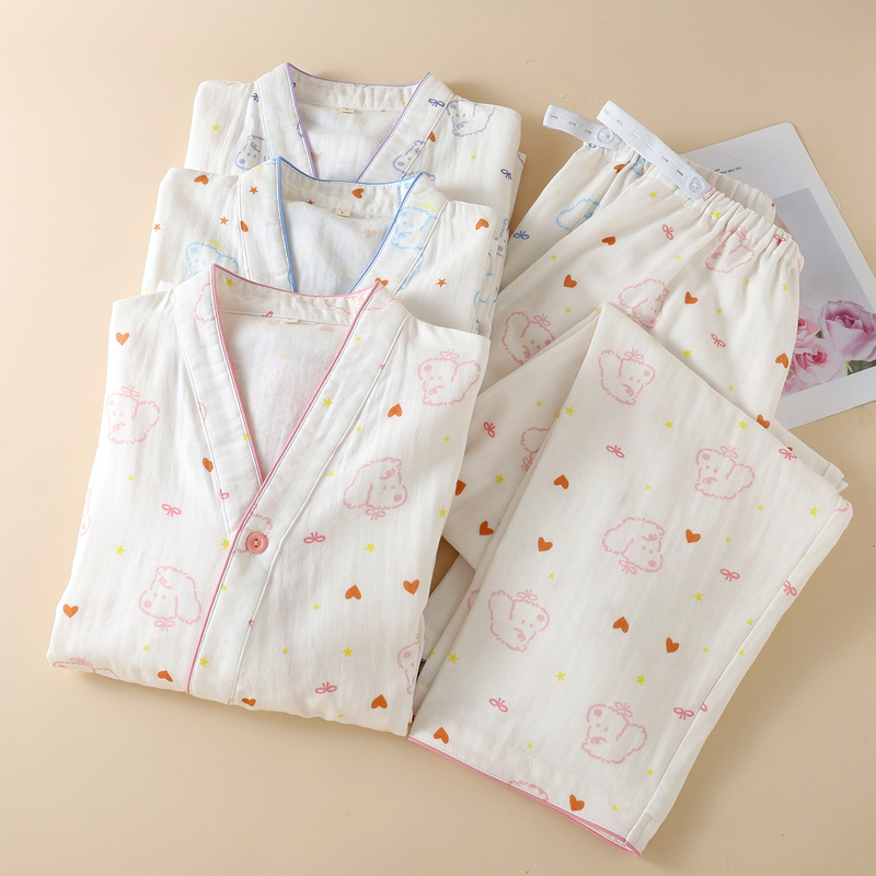 Crepe Cotton Gauze Cute Teddy Moon Suit suit Spring and Autumn Summer Thin Pregnant Women Postpartum Lactation Pajamas suit Crepe Cotton Gauze Cute Teddy Moon Suit suit Spring and Autumn Summer Thin Pregnant Women Postpartum Lactation Pajamas suit