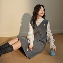 碎花背心连衣裙女2025秋季新款v领外搭针织毛衣短裙KSB2409016