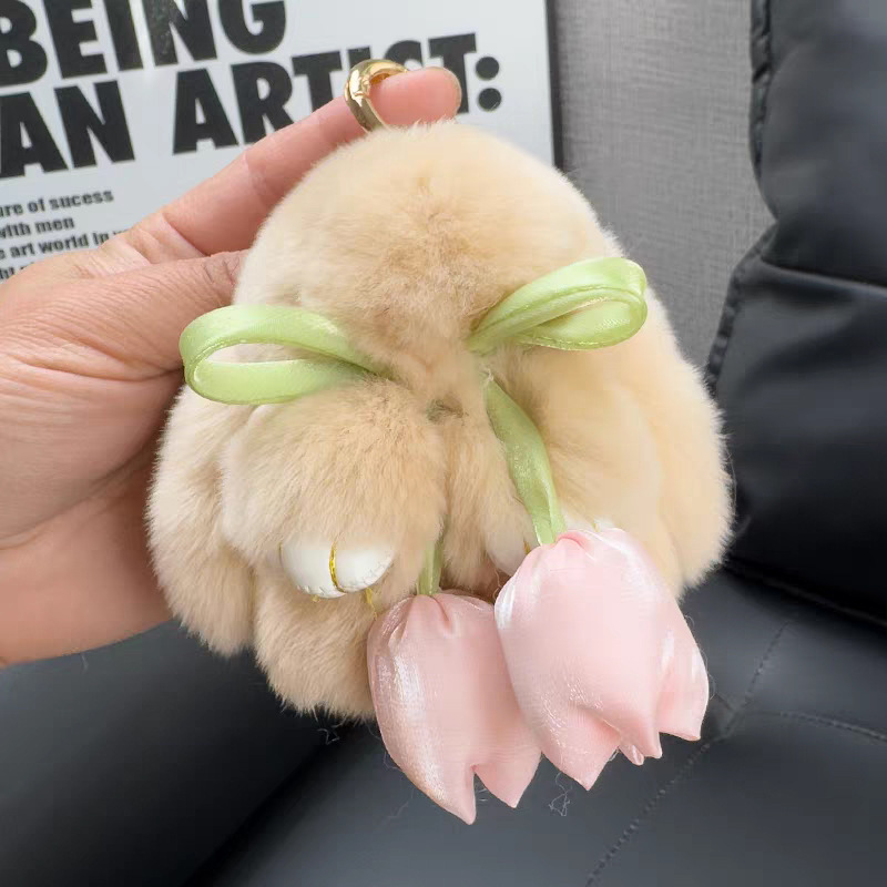Cute Plush Lying Bunny Keychain with Bow and Tulip, Doll Bag Pendant Gift for Women