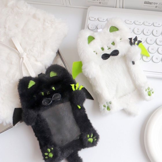 Cute Grey Cat Plush Card Set 3 Inch Photograph Storage Protective Case Bag Pendant