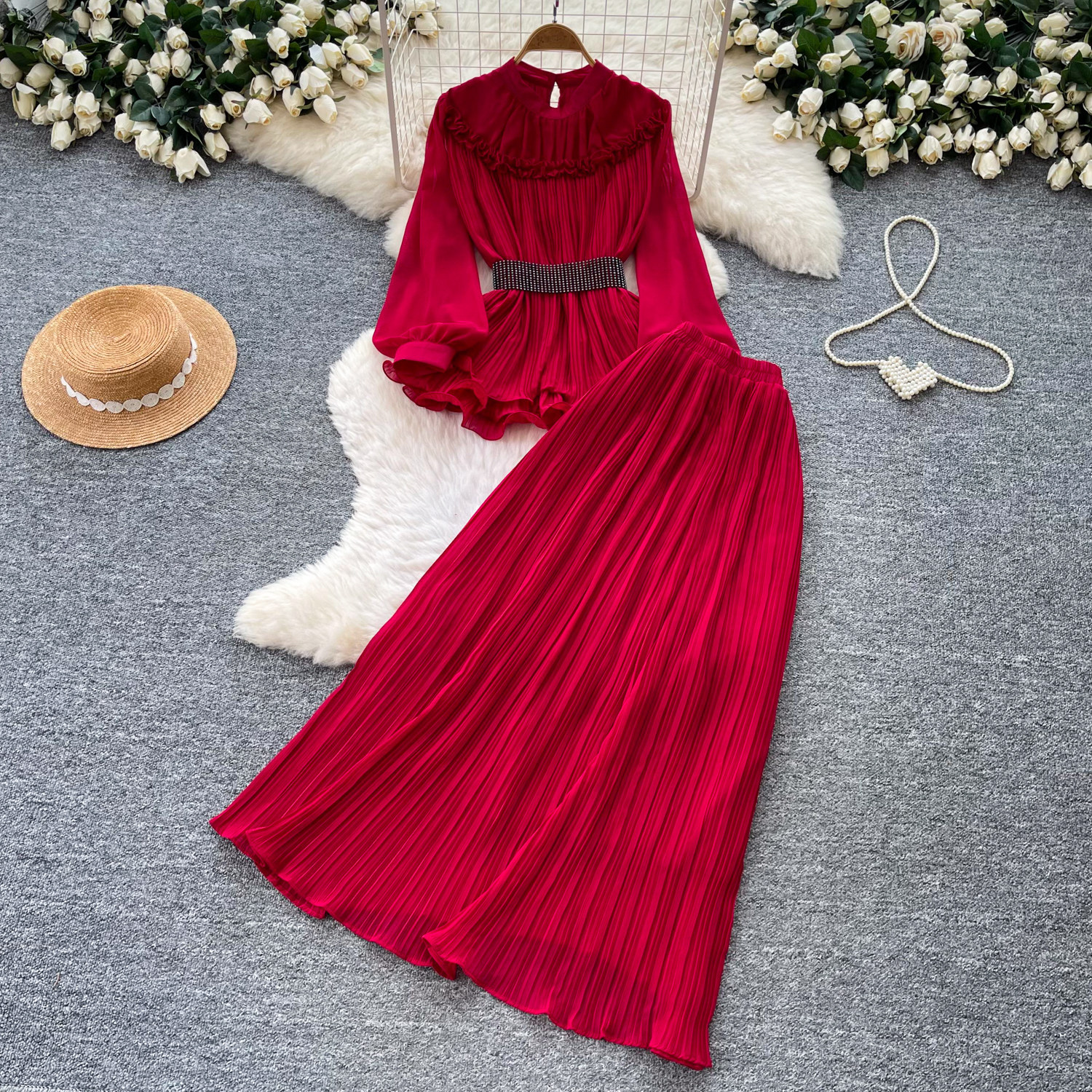 French Office Style Purple Lantern Sleeve Belted Ruffle Midi Dress For Women | Autumn Elegant Two-Piece Set_ecoleips.com