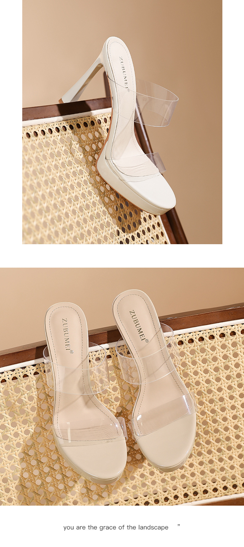 Sandal cao gót nữ mũi tròn quai ngang trong suốt, đế platform, gót 13 cm — Màu da-13cm chi tiết 8