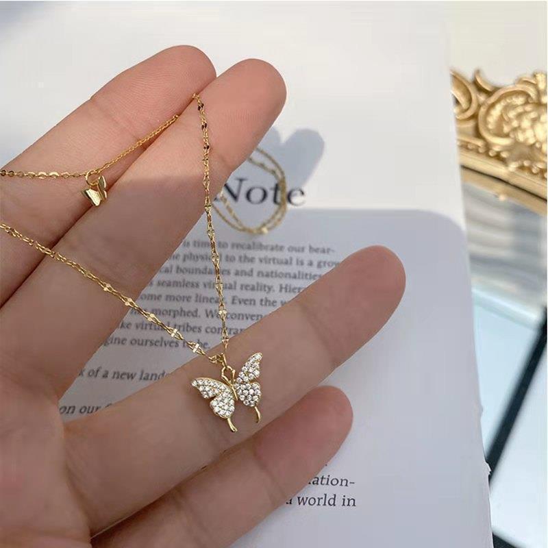 Gold double layer butterfly pendant necklace # Xl066