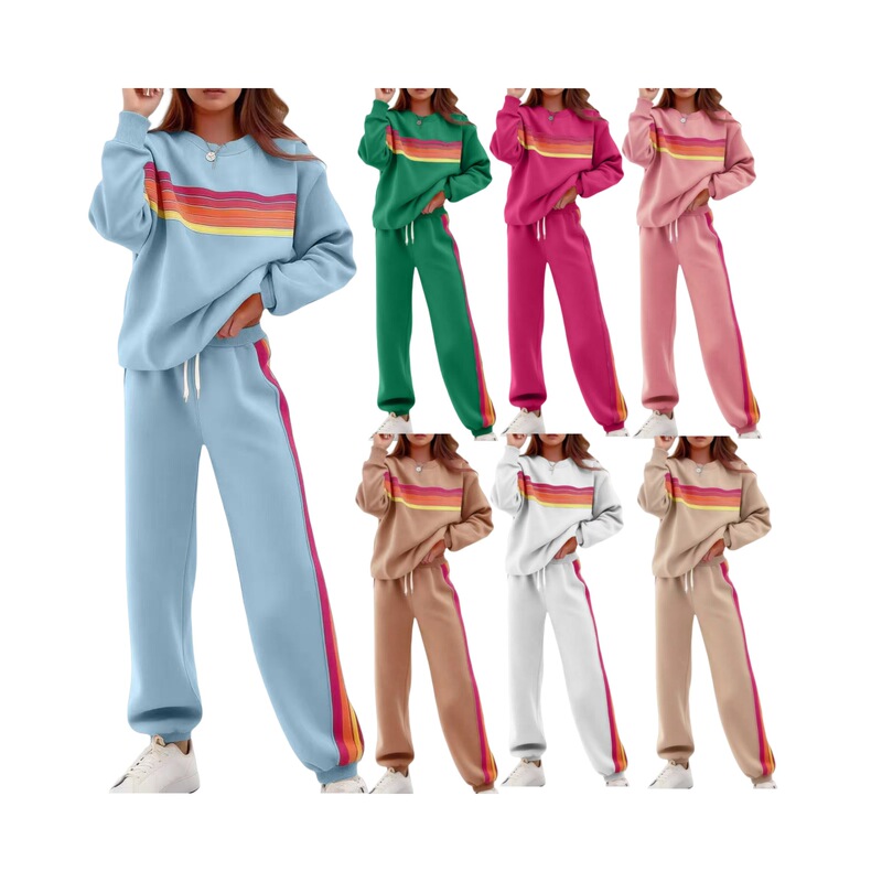 Cross-Border Export Amazon 2025 New Autumn and Winter Women's Round Neck Loose Color Striped Elastic Waist Pants Sweatshirt Suit Cross-Border Export Amazon 2025 New Autumn and Winter Women's Round Neck Loose Color Striped Elastic Waist Pants Sweatshirt Suit