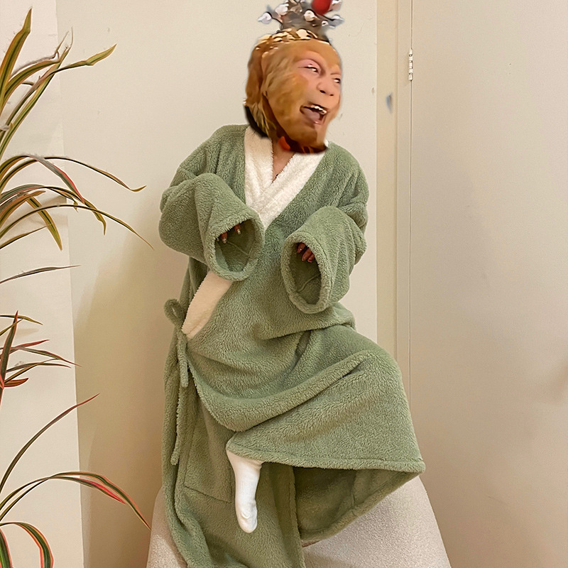 Sun Wukong Green Long Robe Pajamas Couple Funny Monkey Brother Same Style Loose Home Clothes Coral Velvet Pants Bathrobe Winter