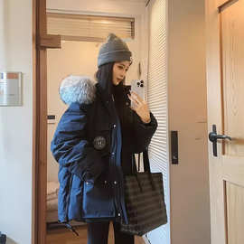 【现货】超大真毛领连帽工装派克服羽绒服女冬季加厚中长款外套