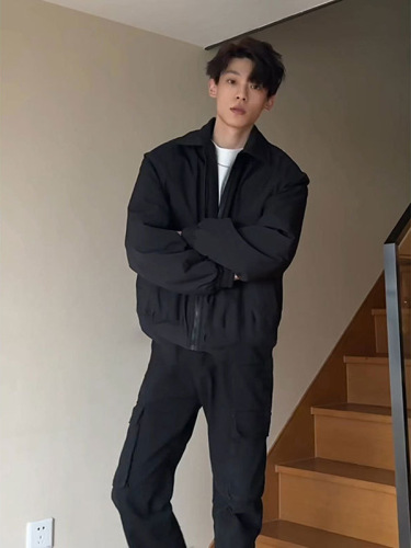 Black Cleanfit Cotton Jacket for Men - Spring and Autumn, American Style, Bulky, Short, Wide, Square Shoulders, Administrative Jacket, Trendy