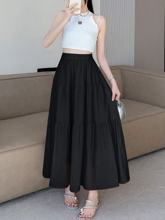 Cross-Border Ins Fashion Versatile Pleated Lining High-Waisted Mid-Length Slimming Cake Long Skirt for Women