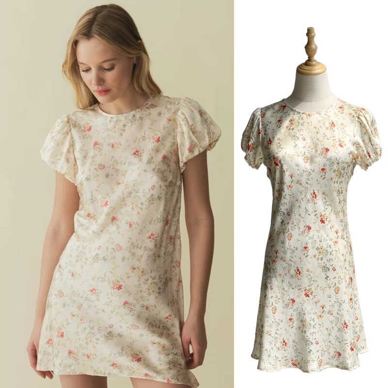 French-Style Soft Light Romantic Bias-Cut Silk Dress for Women, Summer Round Neck Puff Sleeve Short Floral Dress, One-Piece Wholesale