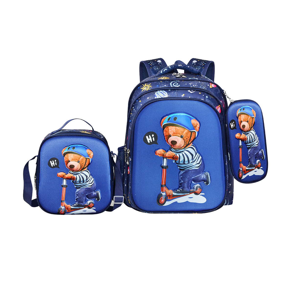 Conjunto de tres piezas: oso en patineta, azul zafiro floral.