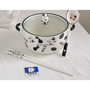 Cow Ceramic Instant Noodle Bowl for One Person, Cute Large Capacity Double-Eared Soup Bowl with Lid, Student Home Snail Noodle Bowl