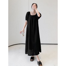 黑色亚麻连衣裙女夏2024新款法式气质感时尚宽松显瘦长裙