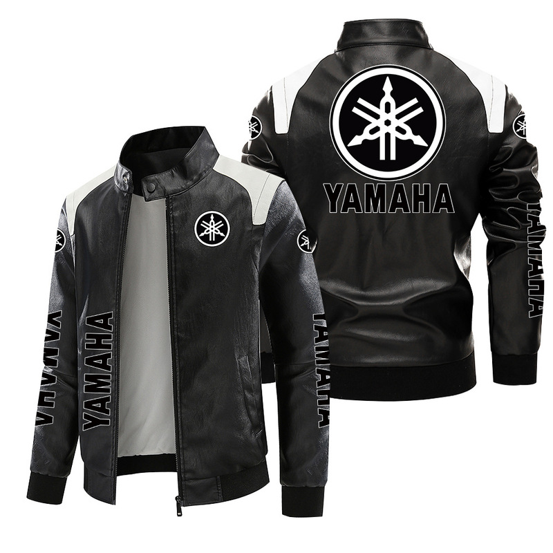 [European size plus velvet] Yamaha locomotive standard leather jacket large size printed autumn and winter jacket pu high-end men's clip