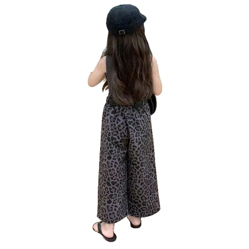 韓国子供服 2025 夏の新ダークグレーショートスリムコットンベスト女の子ヒョウ柄ワイドレッグパンツ 2 点セット|undefined