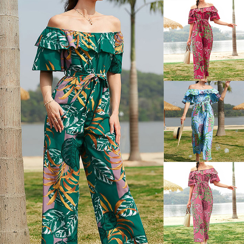 2023 Independent Station Cross-border Hot Selling Women's Fashion Printed Casual Shoulder Printed Lace-up One-piece Suit