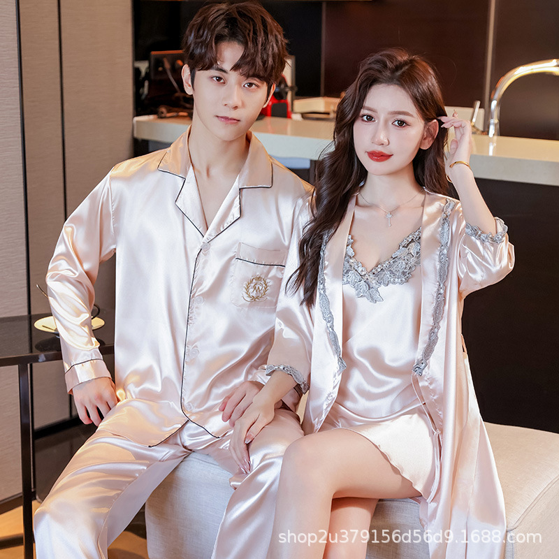 正品情侣睡衣春秋季冰丝男士高级感丝绸女性感吊带睡裙睡袍夏天家