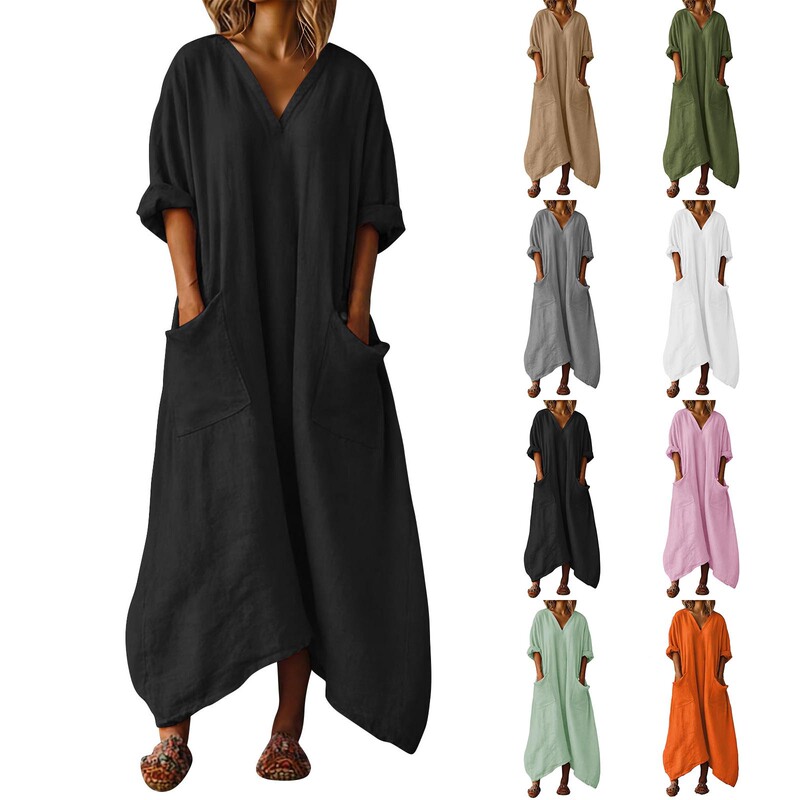 Plus-Size Women's Spring and Summer Bohemian Style Unique Long Dress with Practical Pockets, Loose Fit, and Slimming Effect Plus-Size Women's Spring and Summer Bohemian Style Unique Long Dress with Practical Pockets, Loose Fit, and Slimming Effect