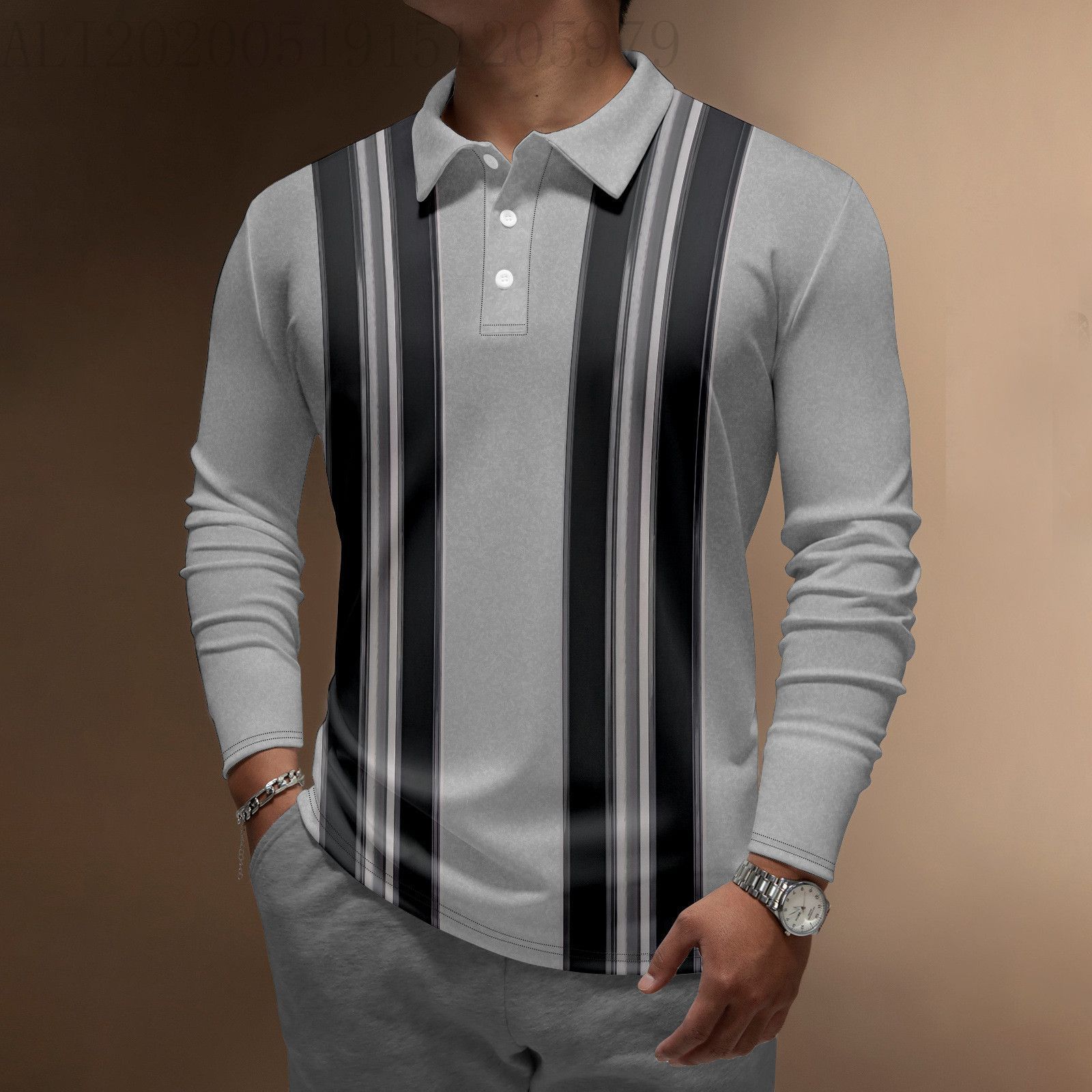 Pulse Polo Shirt European And American Cross-Border Men's Long Sleeve Striped T-Shirt Middle-Aged Plaid Button_viptrois.com