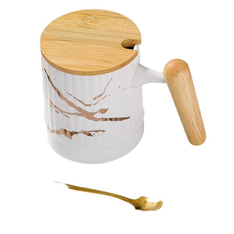 Oriente medio patrón de piedra de cerámica cubierta de la manija de madera Taza taza creativa con tapa cuchara Oficina taza de agua de regalo Taza regalo de la mano