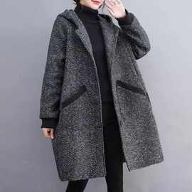 大码胖mm秋冬新款宽松茧型连帽大衣女中长款加厚毛呢外套女400斤