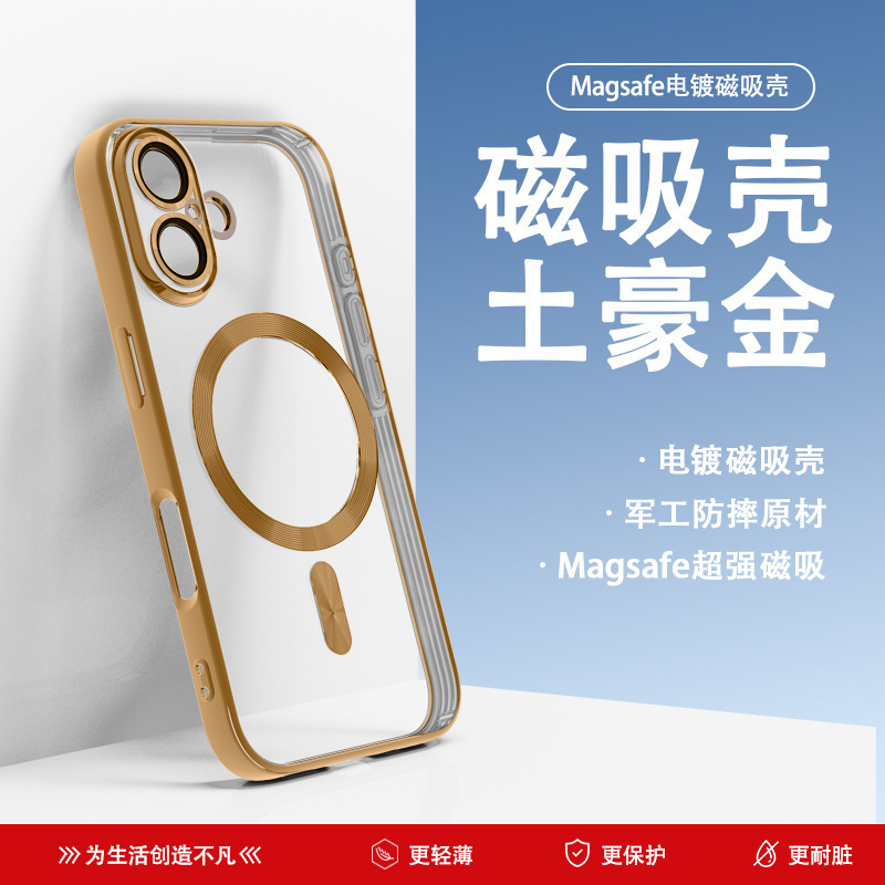 Aplicable a la carcasa del teléfono móvil Apple 16 galvanoplastia transparente con succión magnética con película de lente Funda protectora todo incluido iPhone15ProMax