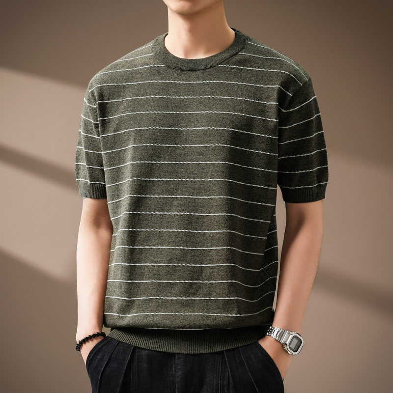 High-End Italian Old Money Style Light Luxury Striped Short-Sleeve Knit Shirt for Men, 2026 Summer New Loose Business T-Shirt High-End Italian Old Money Style Light Luxury Striped Short-Sleeve Knit Shirt for Men, 2026 Summer New Loose Business T-Shirt