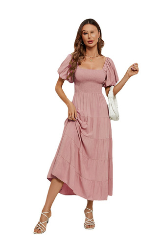Actual Shoot 2024 Amazon Cross-border European and American Women's Fashion Summer Solid Color High-Waist Bubble Sleeve Waist-Tightening Dress for Women