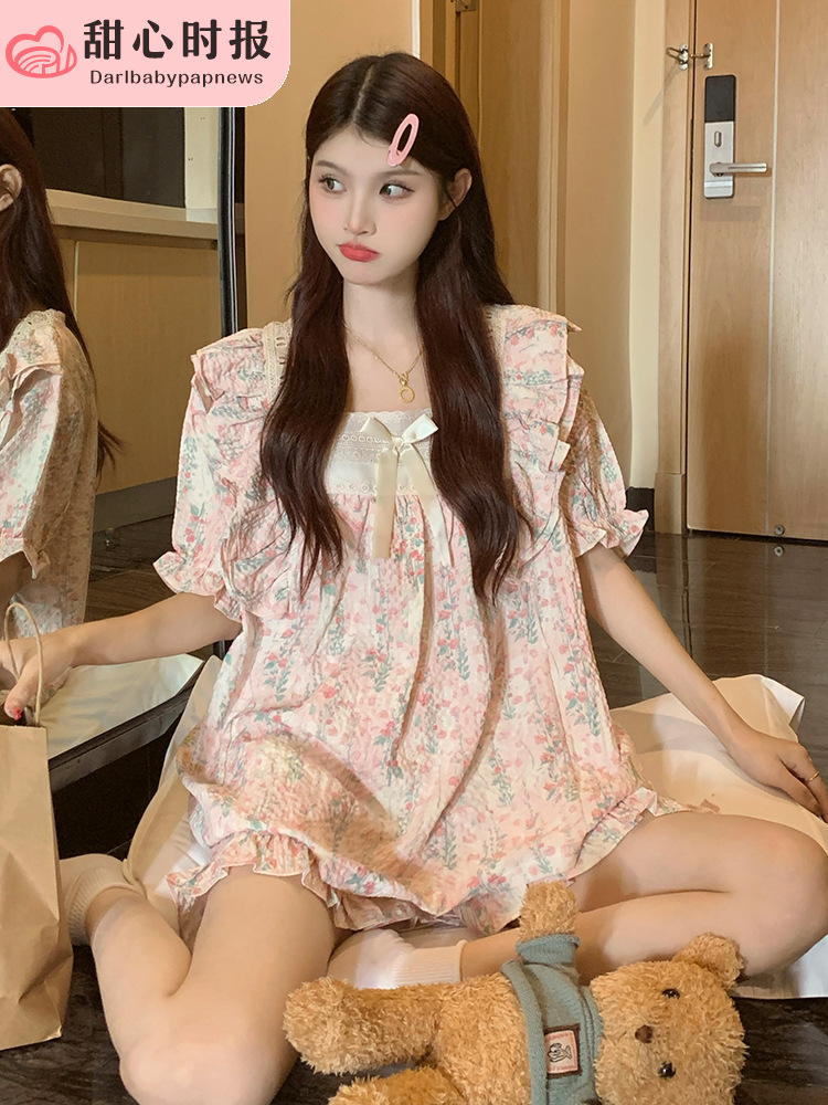2025 新プリンセススタイル半袖パジャマ女性の夏のバブル綿大きいサイズ妊婦甘い薄いホーム服