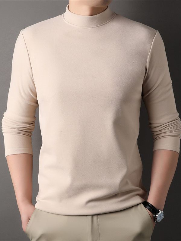Camiseta de base de terciopelo de doble cara con cuello medio alto para hombre, otoño 2025, sudadera de terciopelo alemán, fabricante de camisetas de manga larga de color sólido cepillado para hombre.
