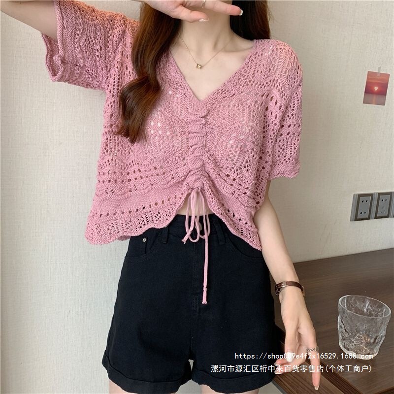 Korean-style drawstring collar short hollow-out knit top, new summer 2026 design, subtly stylish short-sleeve shirt for women Korean-style drawstring collar short hollow-out knit top, new summer 2026 design, subtly stylish short-sleeve shirt for women
