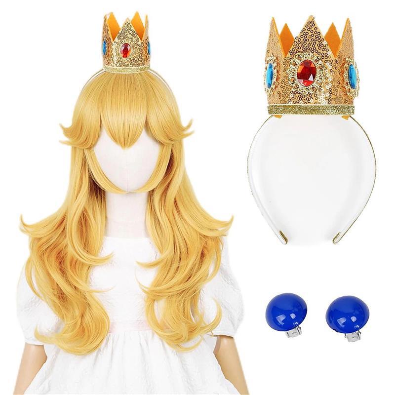Master Sunda cosplay Wig Peach Blossom Princess Mario Layered Flip Micro-curled Long Hair Crown Headwear Props