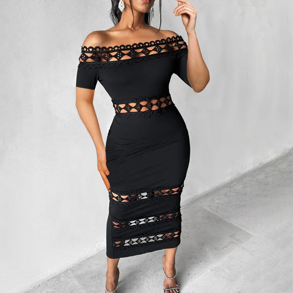 High Waist Waist Line Holiday, Daily, Date Occasion Boat Neck Neckline Skinny Fit Type Solid Color Pattern Wholesale Women's Sexy Lace Solid Color Holiday Daily Date Boat Neck Short Sleeve Sheath Dress