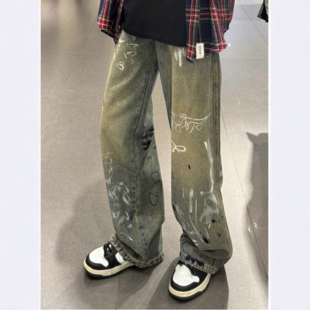 Jeans da uomo vintage graffiti larghi e dritti, stile old school, lavaggio fangoso, con patta e bottoni, in misto cotone non elasticizzato, dalla taglia S alla XXXL_voghion.com