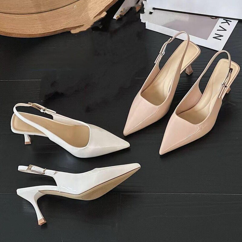 In Stock, Dropshipping Available~ 5cm Nude High Heels Patent Leather Pointed Toe Strap Backless Closed-Toe Sandals for Women