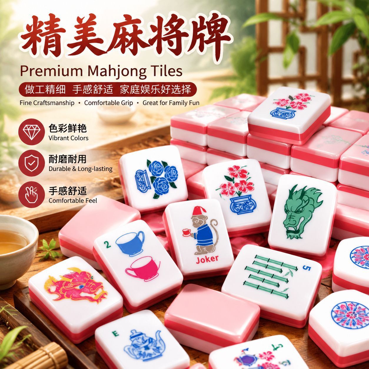 Four-Layer Pink Monkey Acrylic American Mahjong Set, Hand-Crafted, Portable, Cute Cartoon Design, Suitable for Travel, Leisure, and Gatherings
