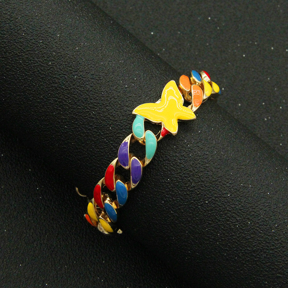 Fashion hip-hop color dripping oil butterfly Cuban chain necklace