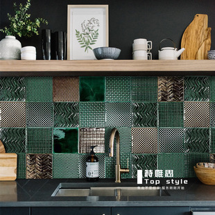Dark Green Artistic Kiln-Cracked Handmade Tiles for Kitchen, Bathroom, Toilet, Restroom, Trendy Tiles
