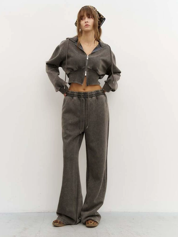 Cropped hooded sweatshirt and casual trousers set, women, 80% cotton, autumn retro style