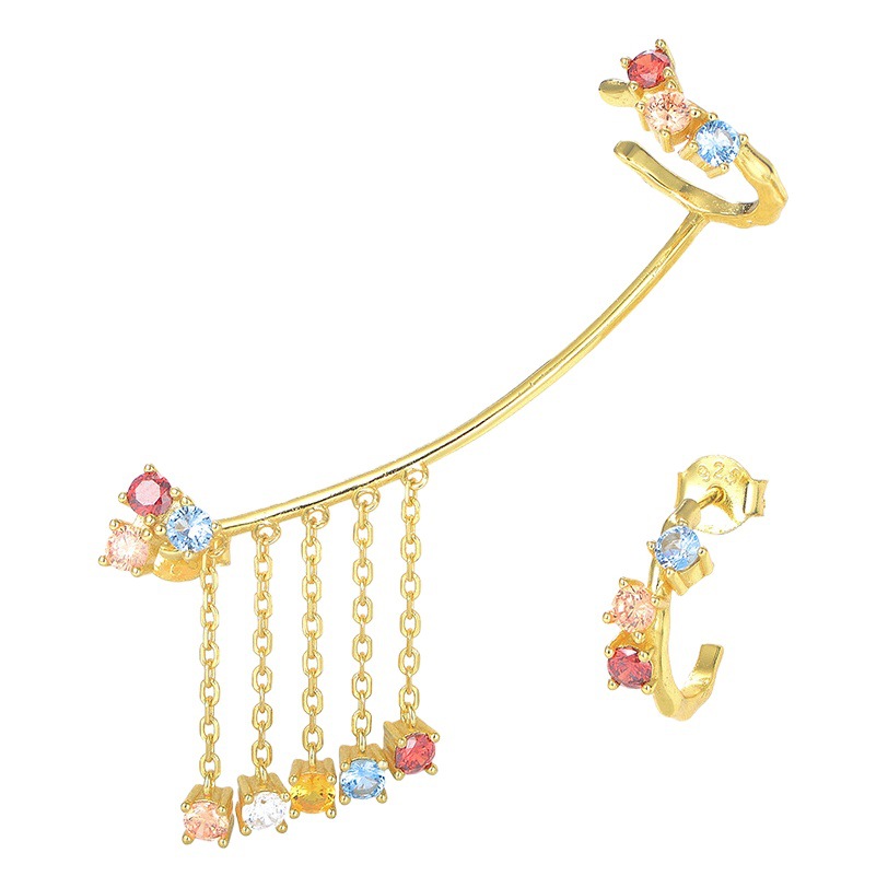 Europa y América ins pendientes de alto sentido nicho s925 plata esterlina personalidad asimétrica color circón pendientes de la borla