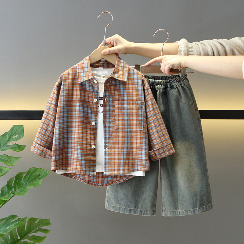 7680 ropa para niños primavera y otoño traje de camisa coreana 2025 nuevo traje de tres piezas de moda para niños de primavera para bebés