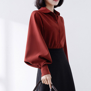 Ancola Red Shirt Women's 2024 Autumn and Winter New Korean Style Loose Slimming Doll Collar Lantern Sleeve Sanding Top