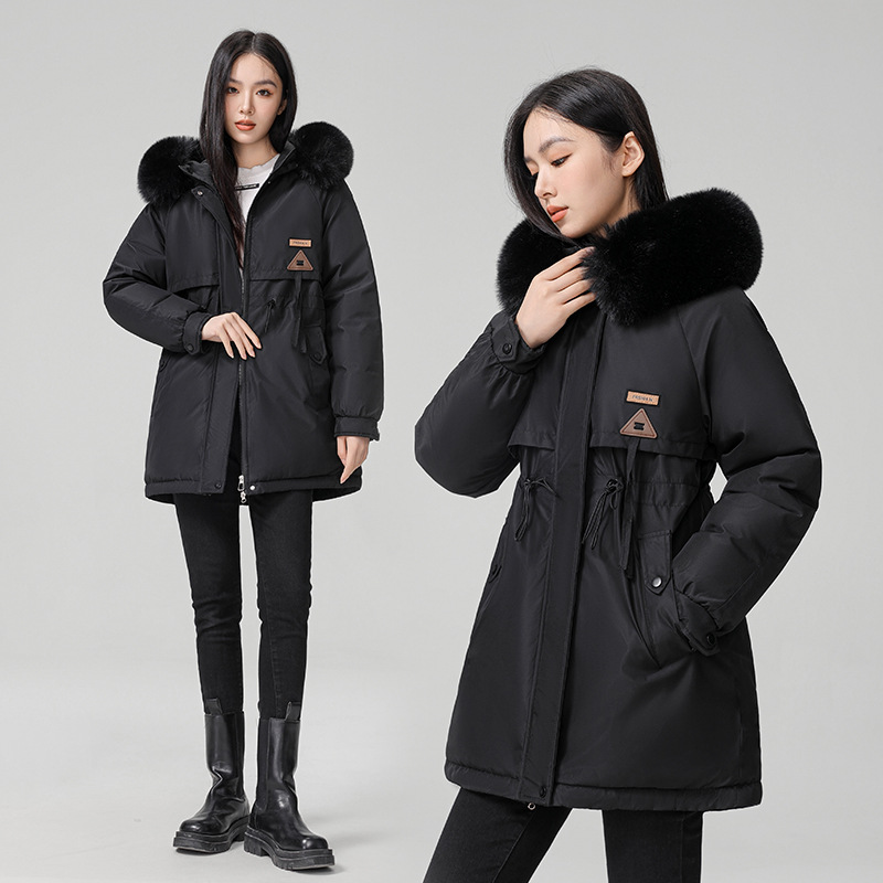 2024 foreign trade overcomes women's winter new Korean version waist cinching slimming hooded big fur collar cotton_voghion.com