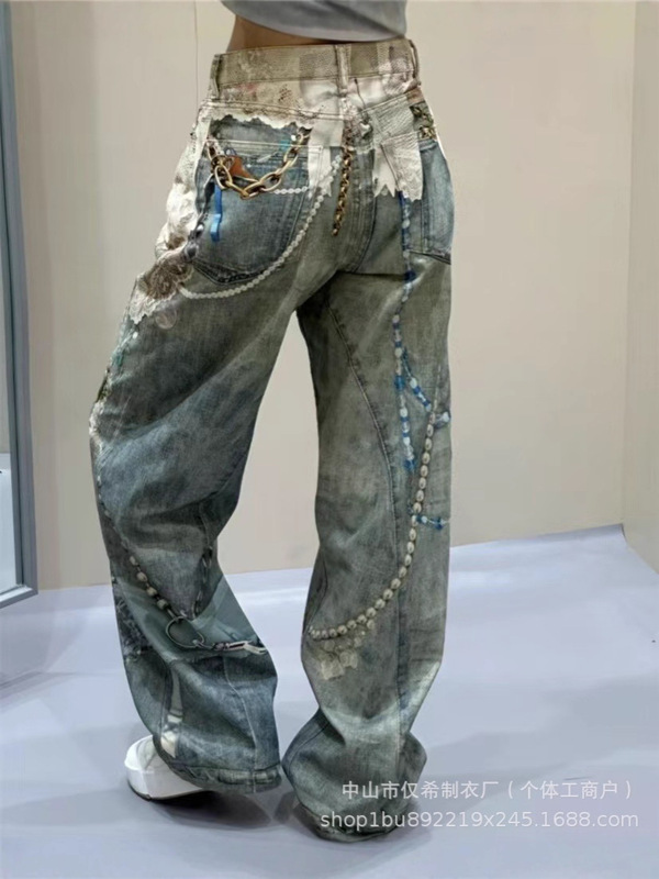 南油高端女装2025SS早秋AC新款3D打印立体珍珠链条直筒宽松牛仔裤|undefined