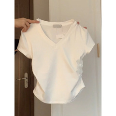 chic甜辣妹V領短袖T恤女夏季韓版修身顯瘦短款褶皺收腰半袖上衣潮