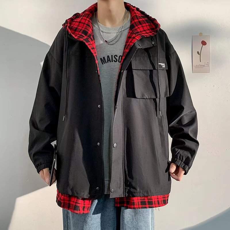 Chaqueta de herramientas para hombres otoño e invierno 2024 nueva marca de moda coreana casual falsa chaqueta de dos piezas para niños más chaqueta de terciopelo